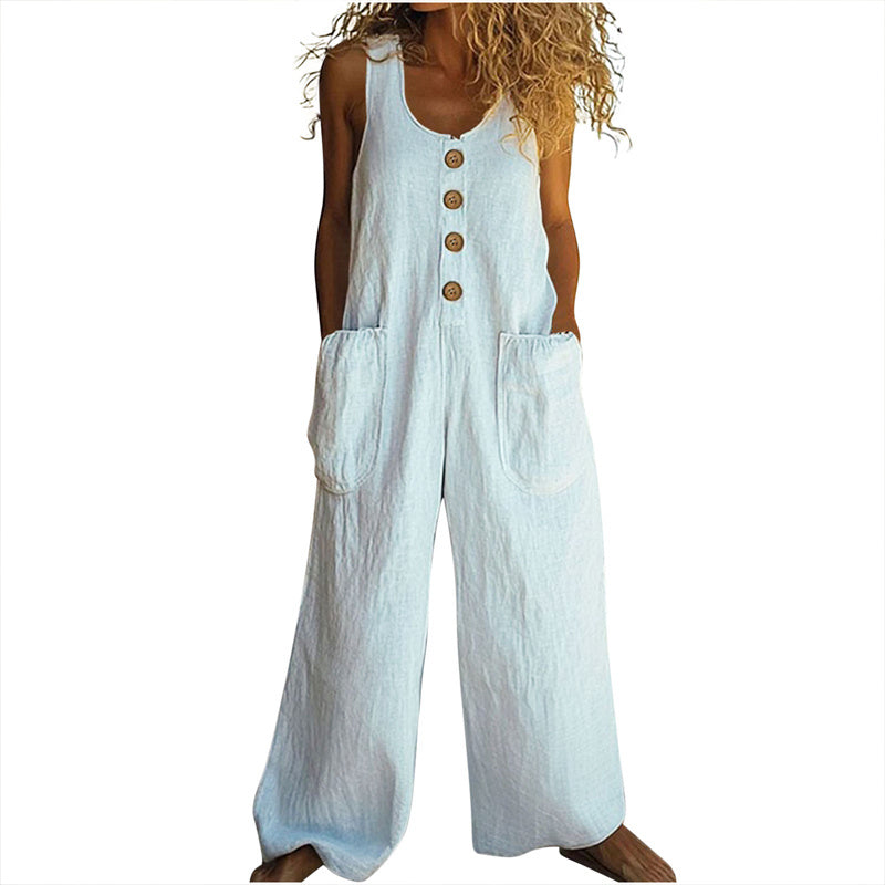 Sleeveless wide-leg jumpsuit with button front and patch pockets, pale blue