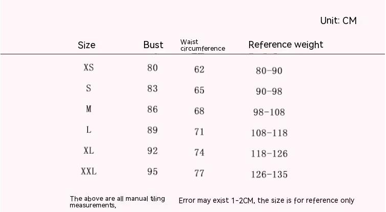 Size chart table for bridesmaid formal dress: bust, waist circumference, reference weight