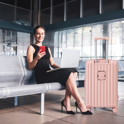 20  24  28  3 Pcs  Set In ABS Spinner Wheel Luggage, Carry On Suitcase, With Cup Holder & USB Port  Phone Holder