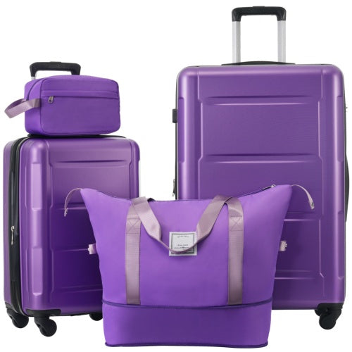 Purple ABS spinner suitcase set with gray strap duffel bag and matching toiletry pouch