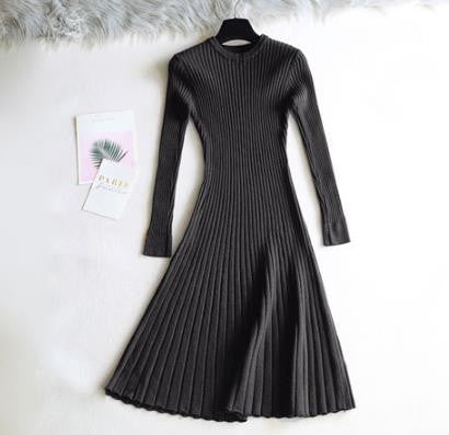 Round Neck Knitted Long Sleeve A- Line Dress