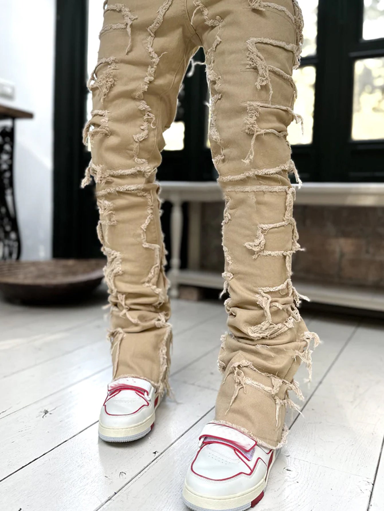 Trousers Individual Patched Pants Long Tight Fit Stacked Jeans For Men