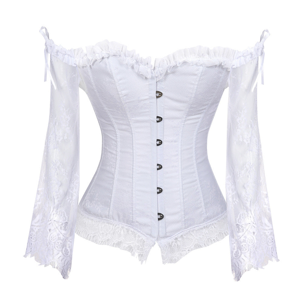 White lace corset top with long lace sleeves and front button placket
