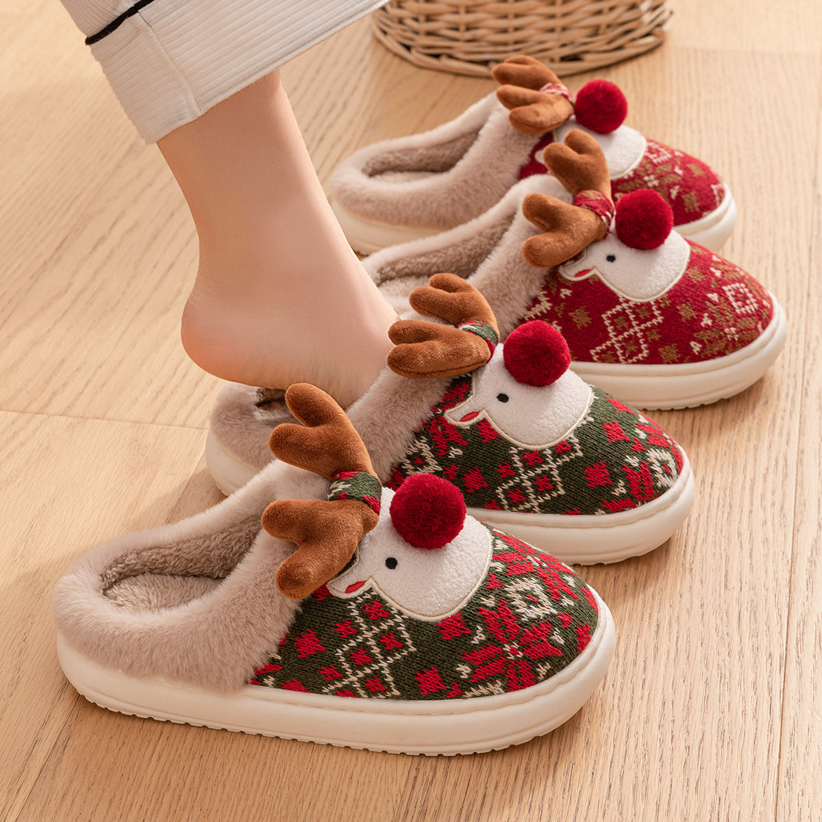 Christmas Elk Plush Slippers Winter Ins Fashion Non-slip Floor Fuzzy