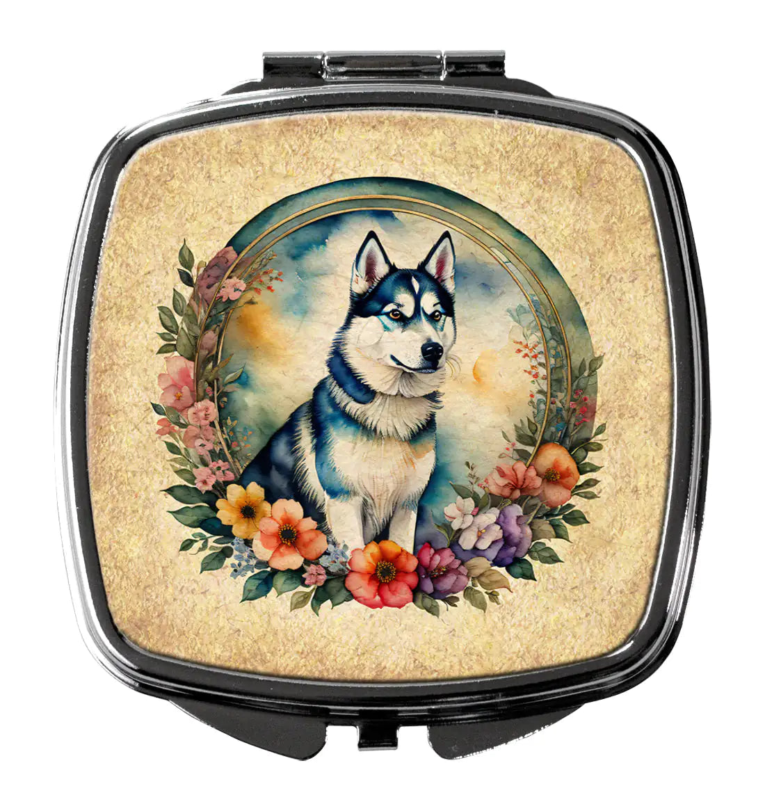 Siberian Husky and Flowers Compact Mirror