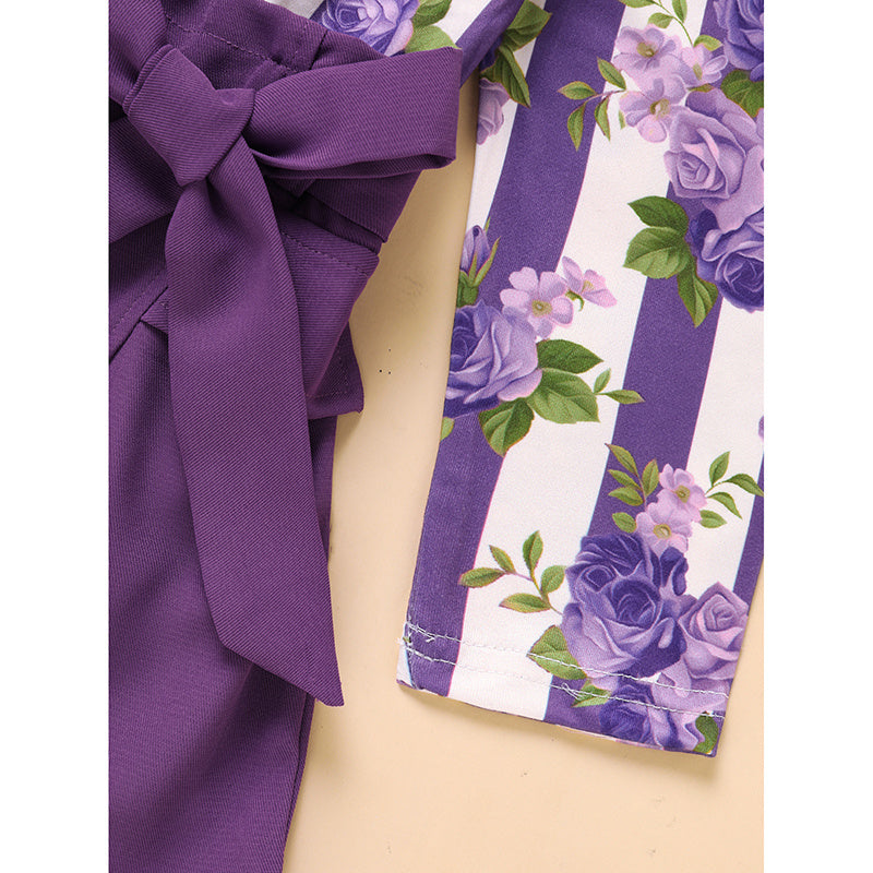 Toddler Girl Purple Rose Print Outfit, Spring Fall Stripe Top With Belt Skirts Set Holiday Going Out Clothes