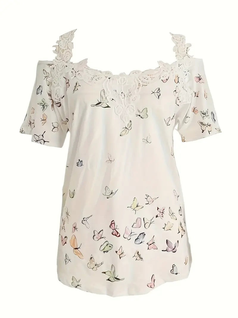 New Butterfly Print V-neck T-shirt Lace Casual Off-the-shoulder Short-sleeved Top