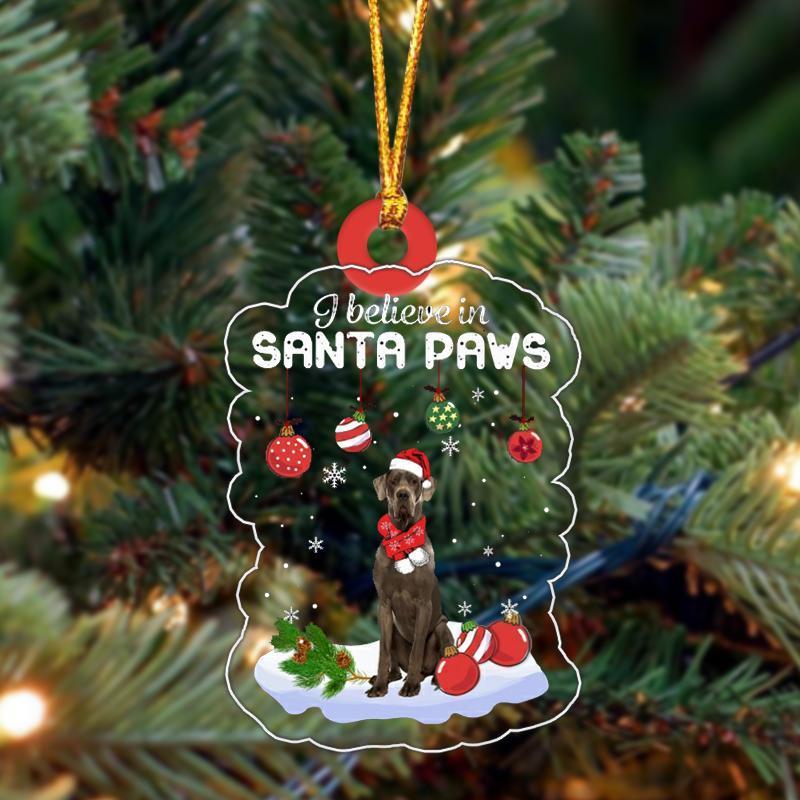 Dog Christmas ornament pendant, gray dog in Santa hat and red scarf, “Santa Paws” text