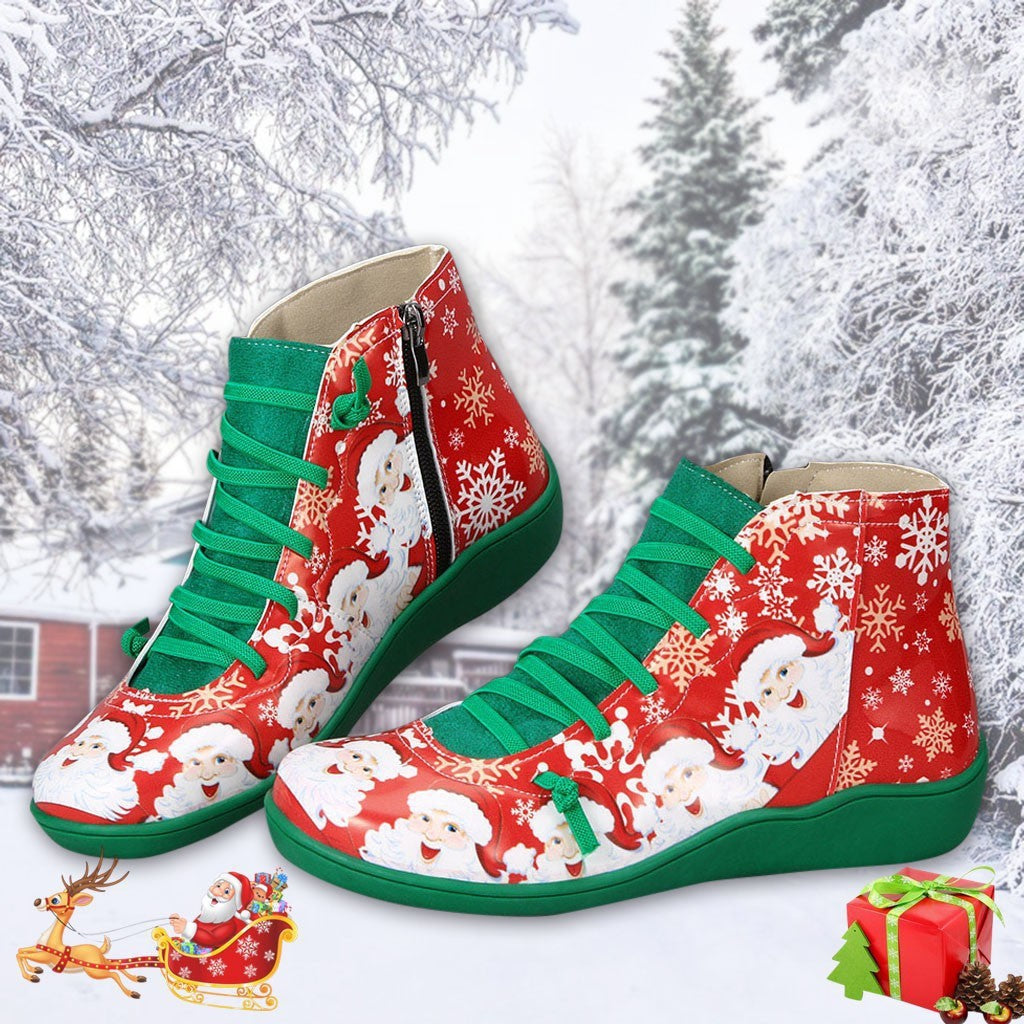 Christmas Ankle Women Santa Claus Snowflake Print Flats Shoes Casual Slip-on Side Zipper Design Short Boot