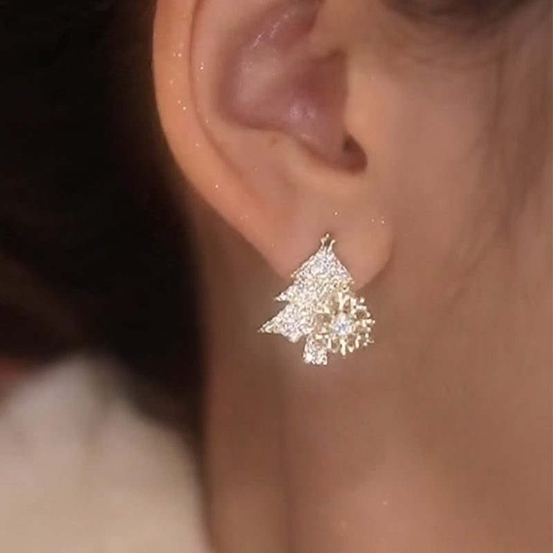 Rotatable Christmas Tree Shiny Rhinestone Snowflake Stud Earring Jewelry Gifts