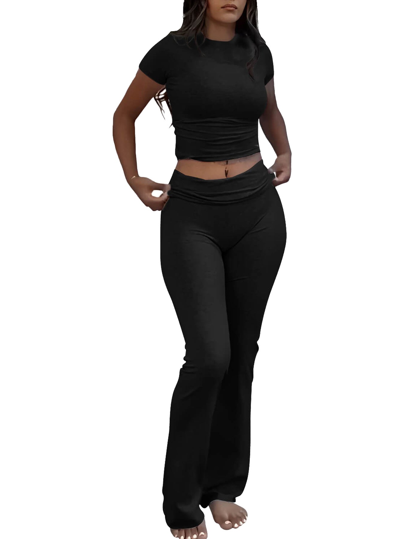 Casual Solid Color Slim Fit Two-piece Set, Short Sleeved Round Neck T-shirt And Tight Flared Sports Pants