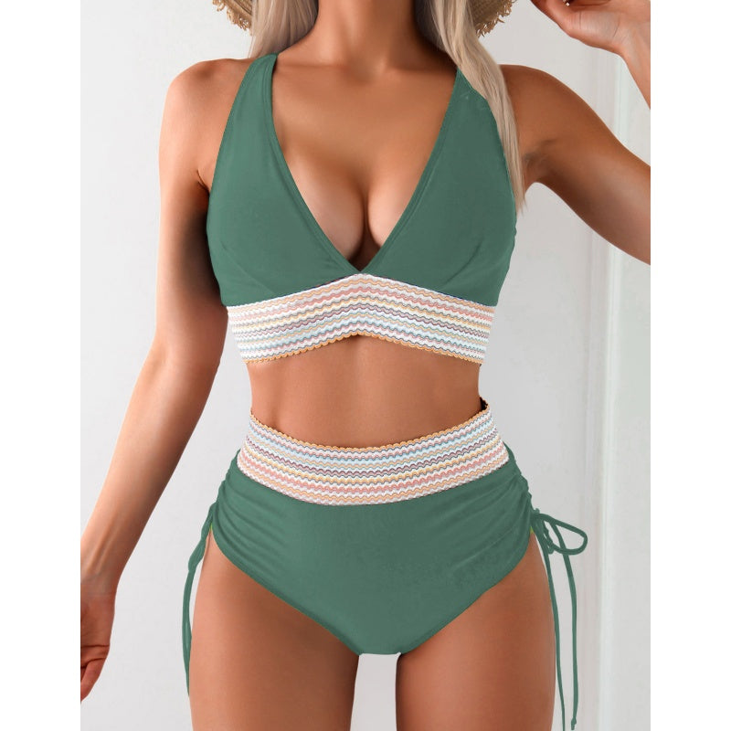 Women's High Waisted Bikini Sets Two Piece Tummy Control Swimsuit Color Block Bathing Suits