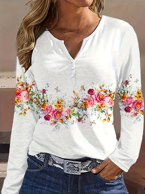 New Style White Buttoned Rose Print Long Sleeve T-shirt Casual Top