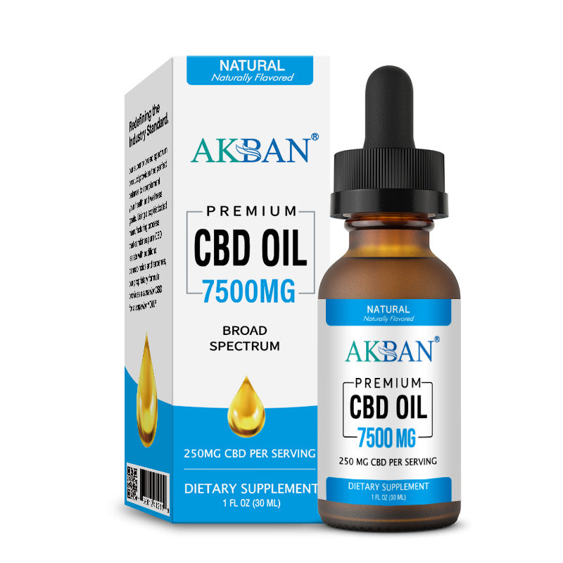 CBD oil bottle with black dropper and box, 7500mg strength, naturally flavored