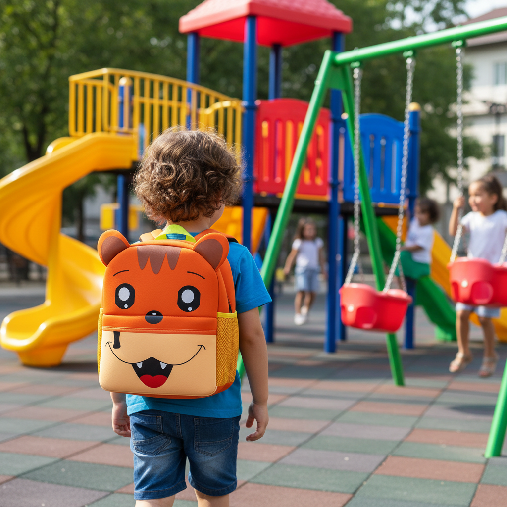 Cartoon fox kids backpack with smiling face, orange body, cream muzzle, front zip pocket