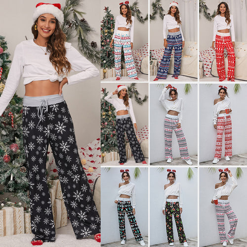 Christmas Pants Women Fashion Casual Drawstring Trousers With Snowflake Tree Elk Print