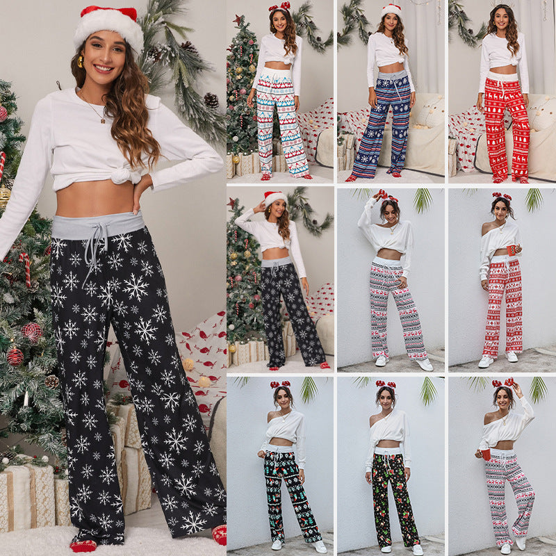 Christmas Pants Women Fashion Casual Drawstring Trousers With Snowflake Tree Elk Print