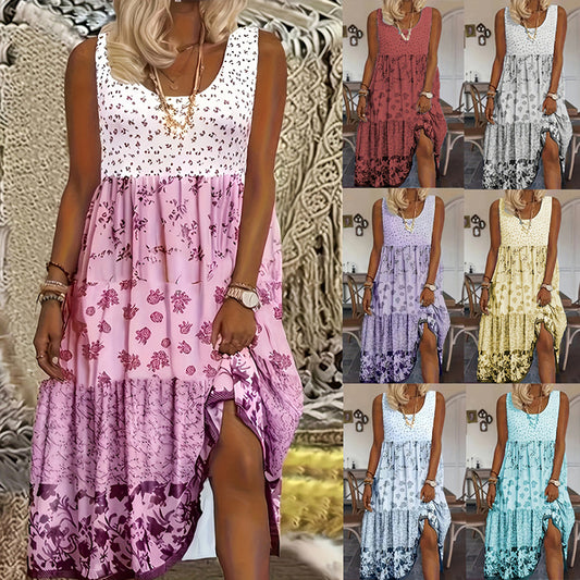 Women's Bohemian Floral Sleeveless Midi Dress Round Neck A-Line Summer For Casual Or Dressy Occasions
