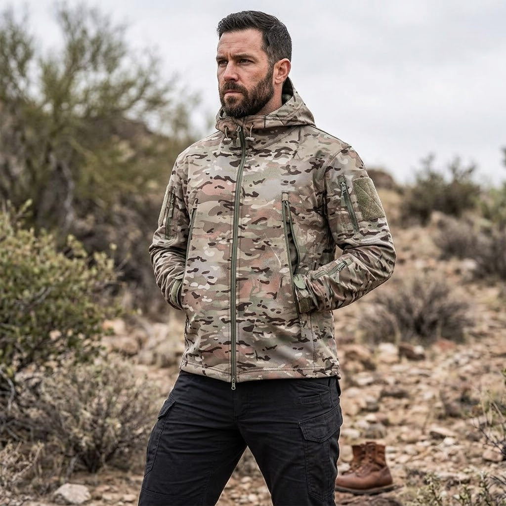 Men's camo tactical jacket with hood, center zipper, and elastic cuffs.