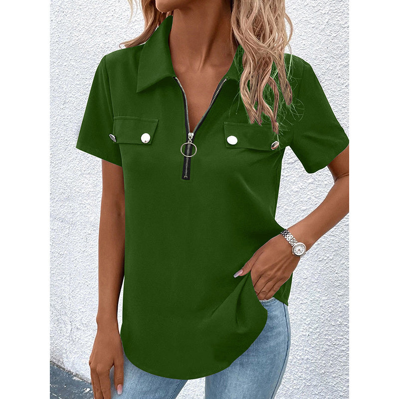 Women's Zipper Polo Shirts Short Sleeve Summer Collared Down T Shirts Top Casual Loose Fit Blouses