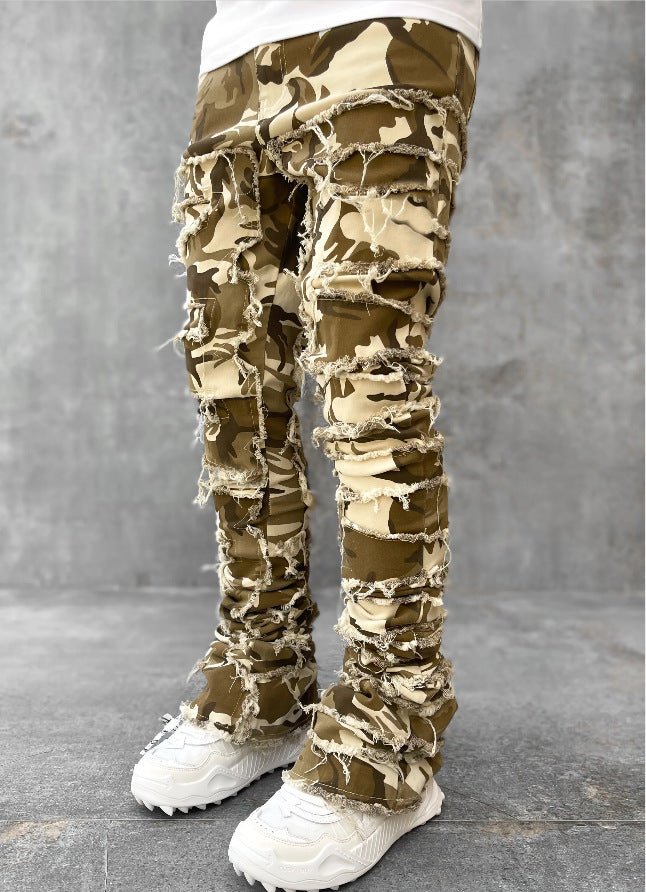 Trousers Individual Patched Pants Long Tight Fit Stacked Jeans For Men