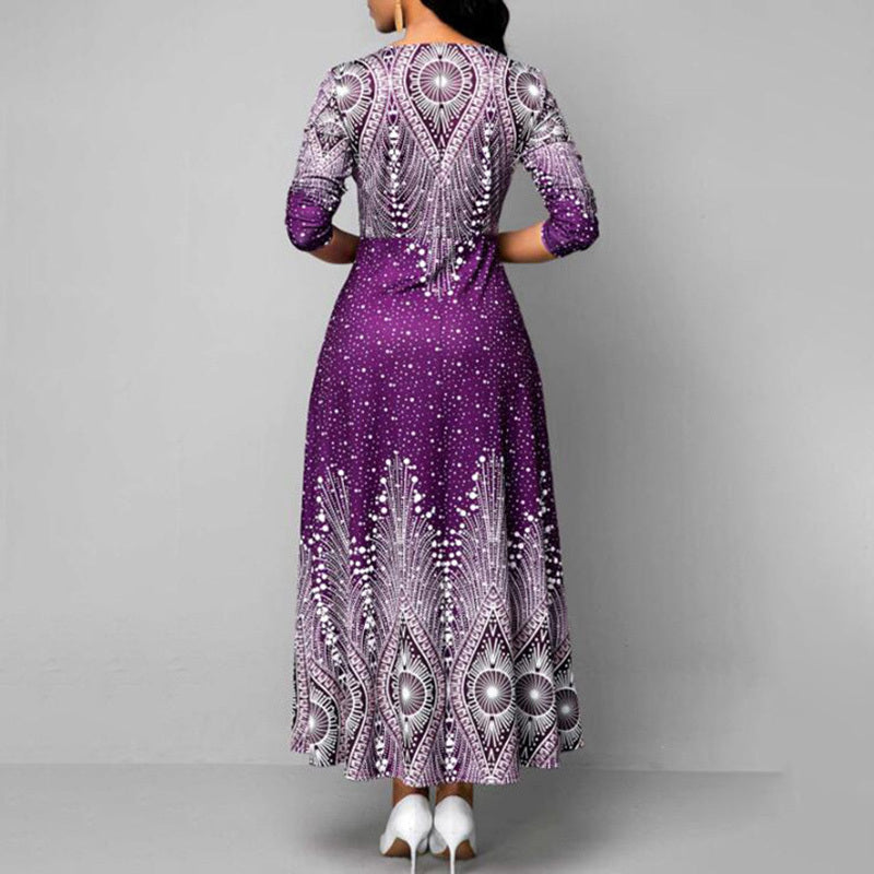 Women's Plus Size Elegant V-Neck Long Sleeve A-Line With Starry Sky Print, Slim-Fit Flowy Maxi Dress