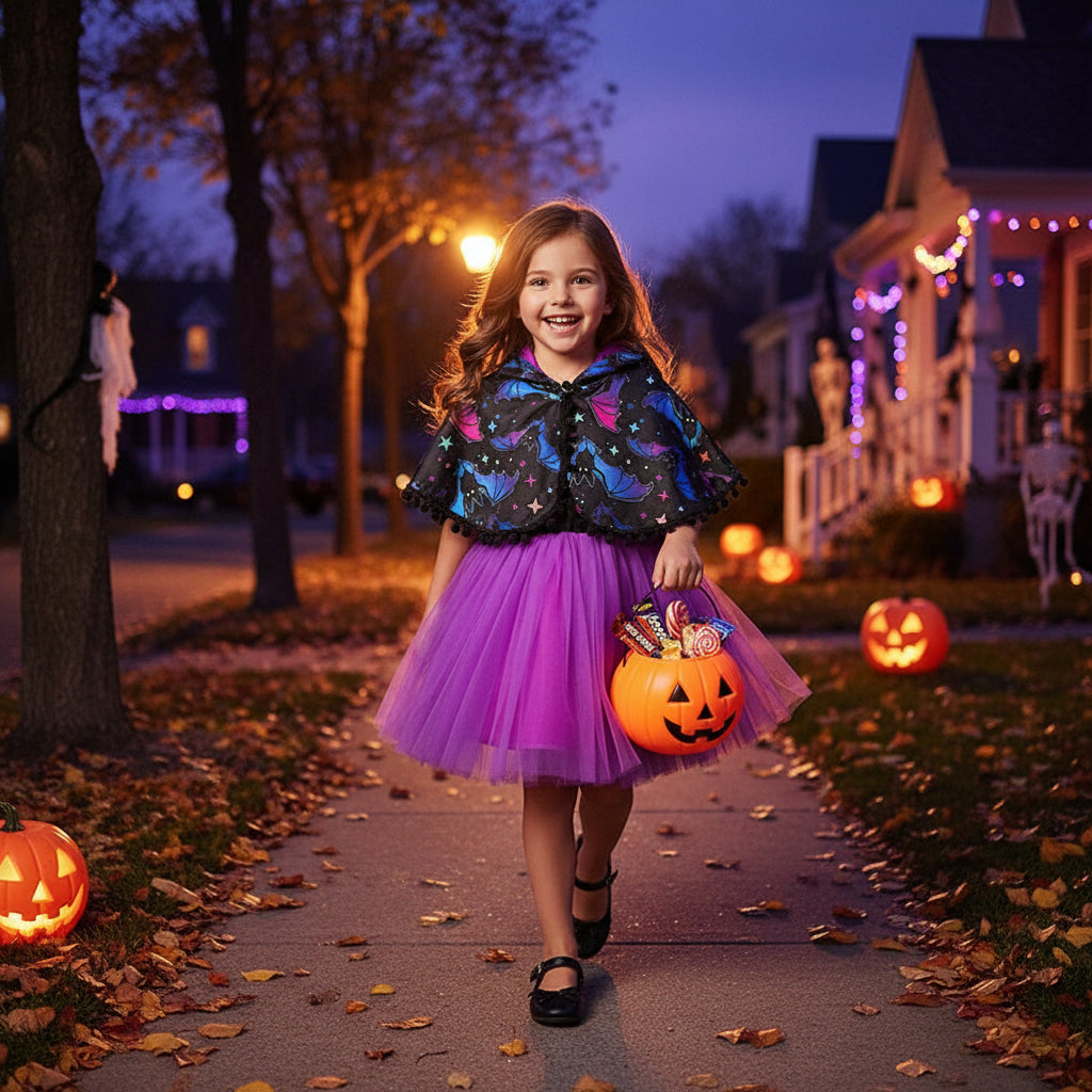 Little Girls 2Pcs Halloween Outfits Sleeveless Tulle Dress With Hooded Cloak Set Clothes