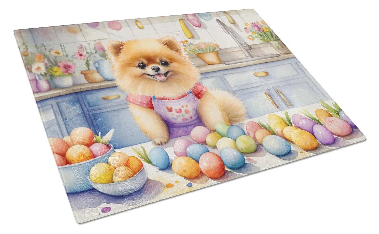 Decorating Easter Pomeranian Glass Cutting Board