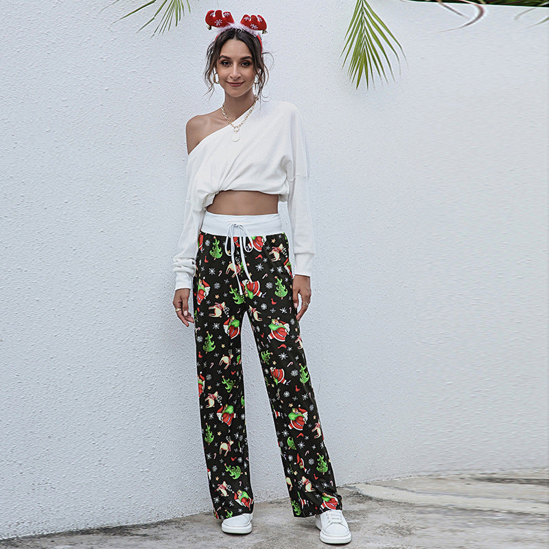 Christmas Pants Women Fashion Casual Drawstring Trousers With Snowflake Tree Elk Print