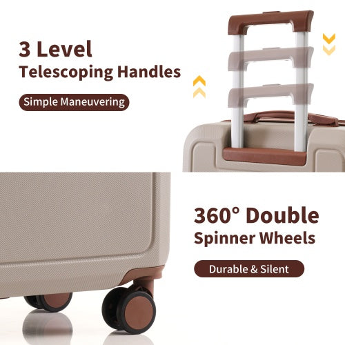 Light tan suitcase with telescoping handles and 360-degree double spinner wheels
