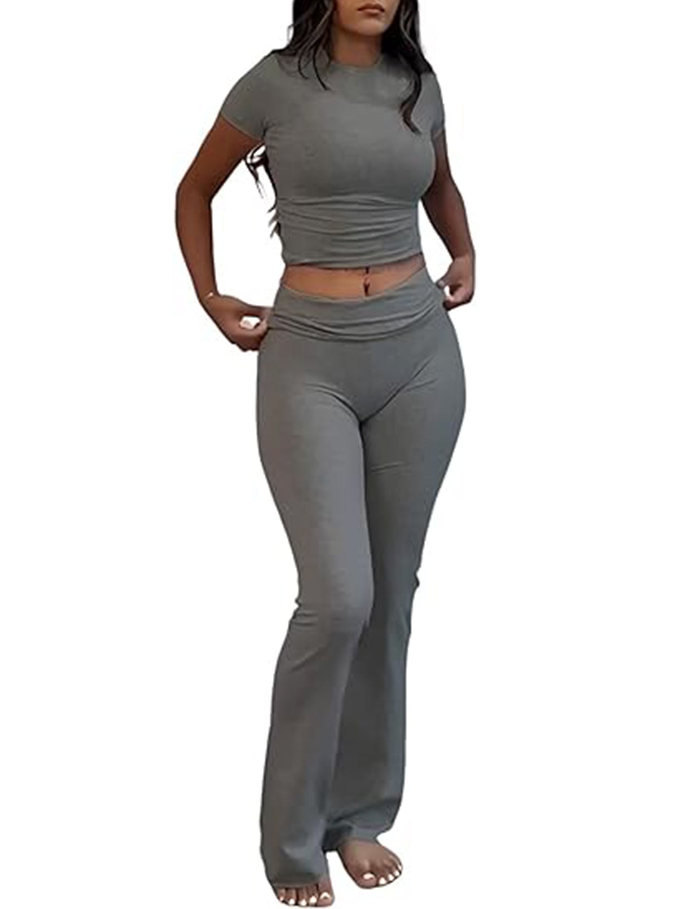 Casual Solid Color Slim Fit Two-piece Set, Short Sleeved Round Neck T-shirt And Tight Flared Sports Pants