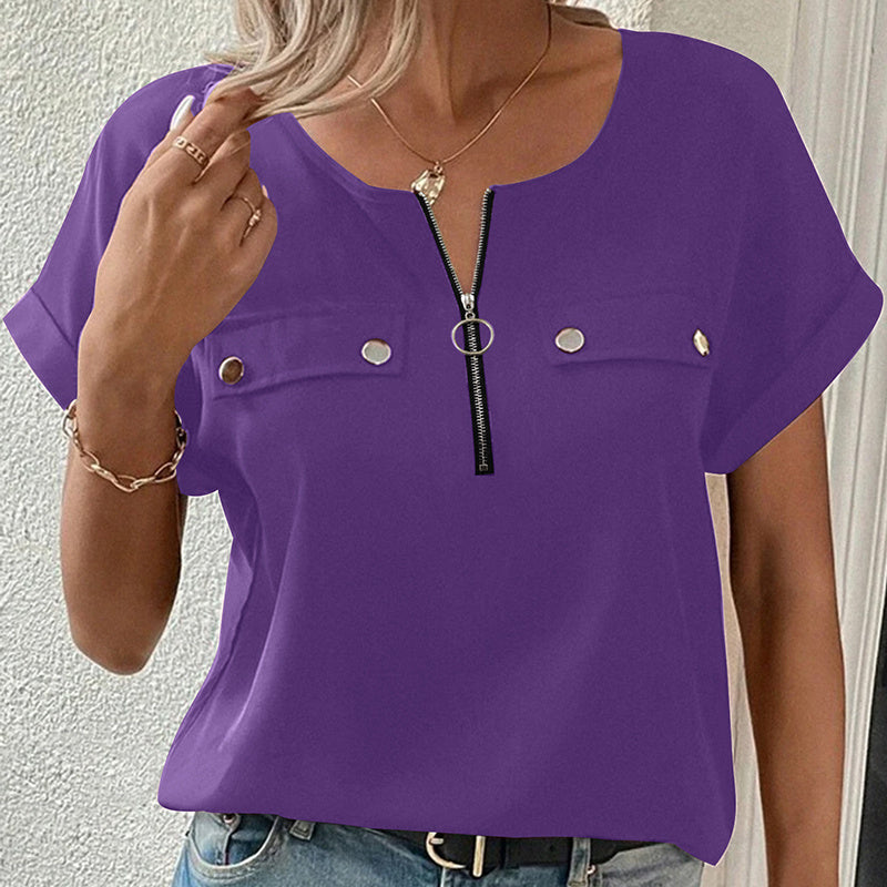 Purple V-neck zipper short-sleeve blouse with snap chest pockets