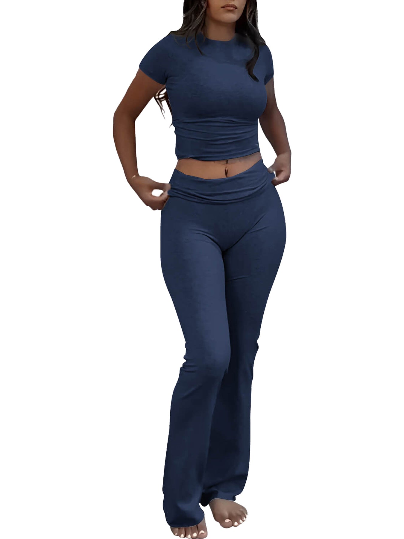 Casual Solid Color Slim Fit Two-piece Set, Short Sleeved Round Neck T-shirt And Tight Flared Sports Pants