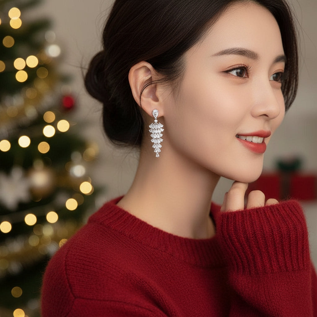 Sparkling Zircon Christmas Tree Drop Earrings For Women Trendy Xmas Tree Plant Dangle  New Year Festival Party Jewelry