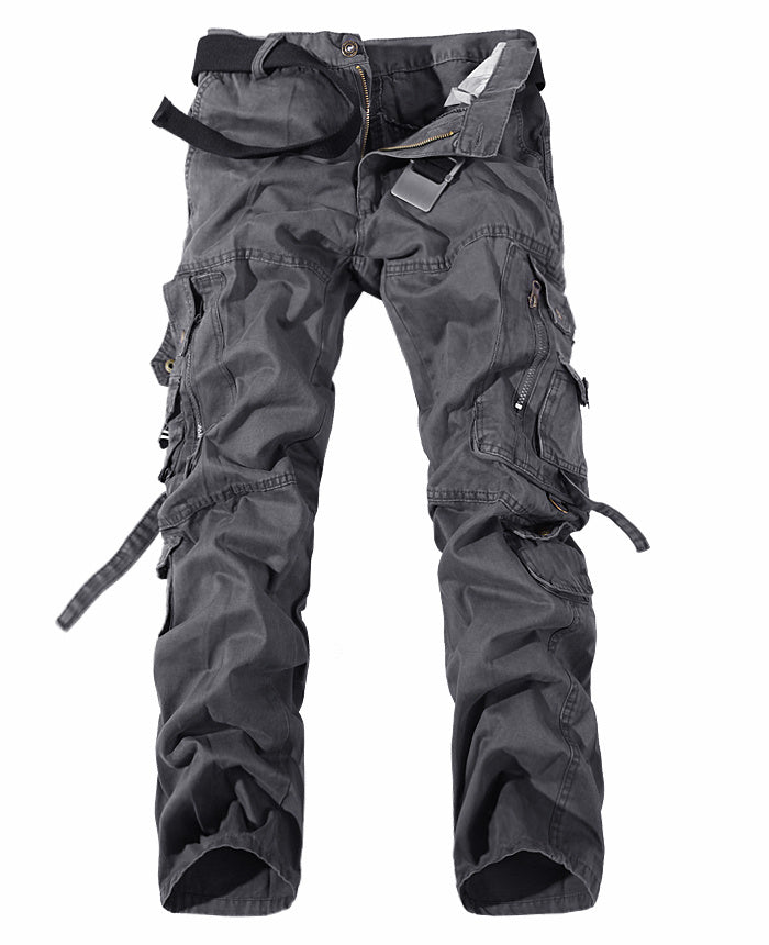 Grey men’s multi-pocket cargo pants, washed look, zip fly, belt loops, side utility pockets.