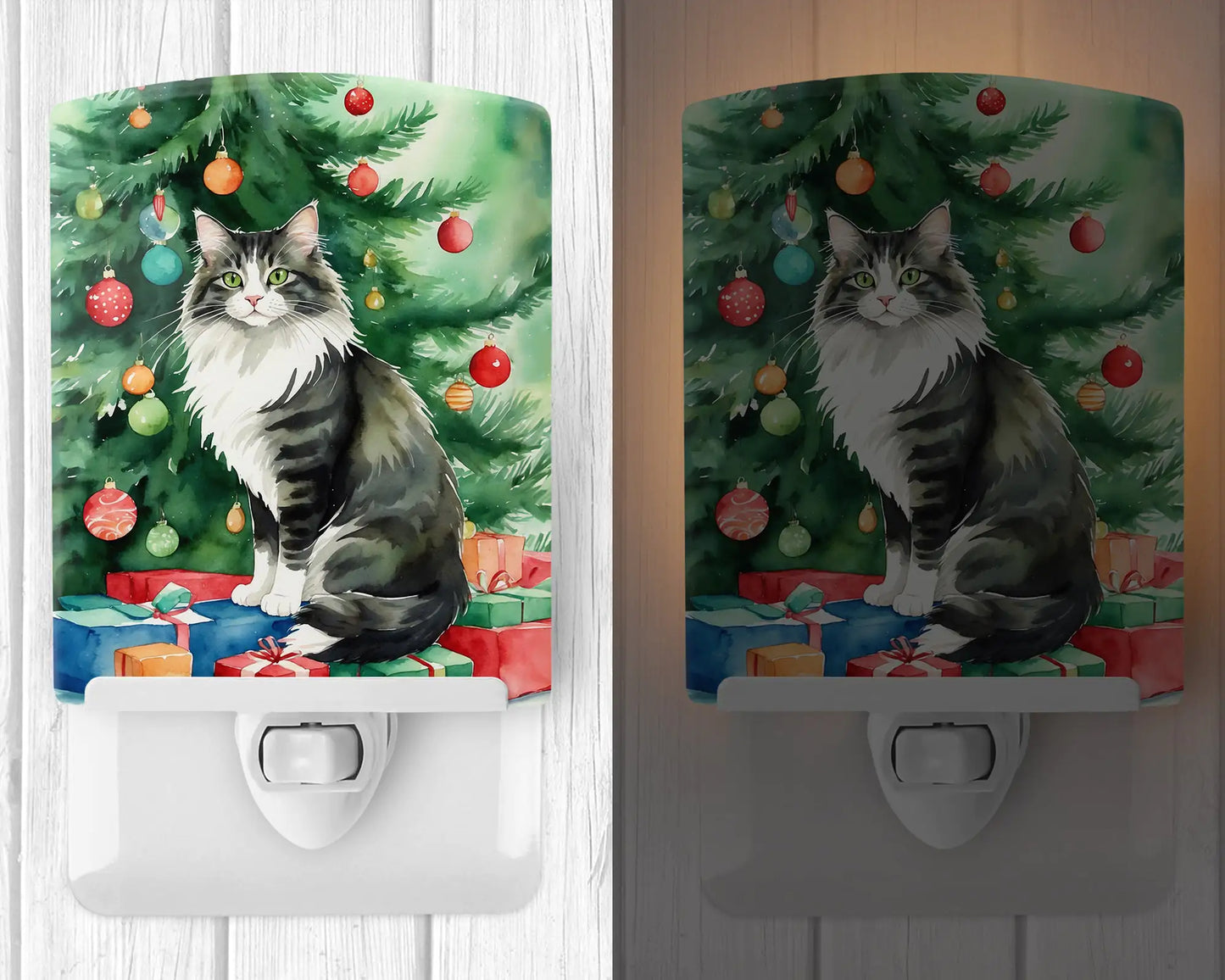 Norwegian Forest Cat By the Christmas Tree Ceramic Night Light