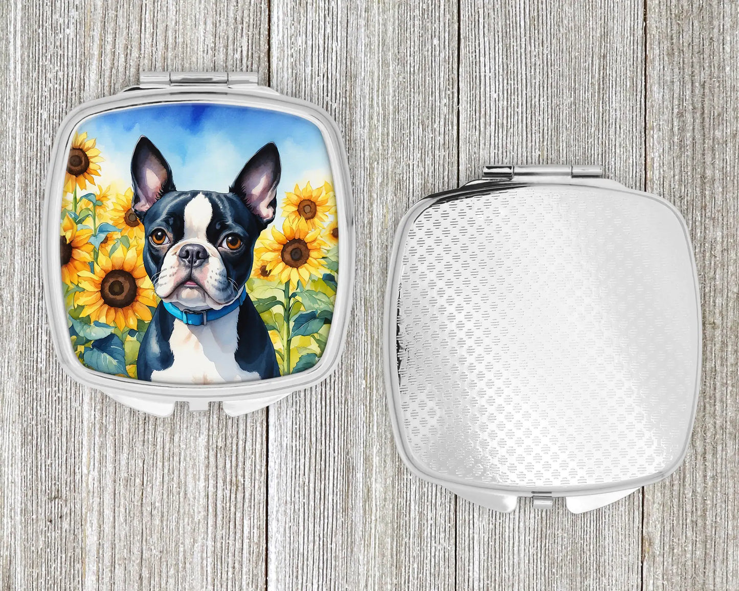 Boston Terrier in Sunflowers Compact Mirror