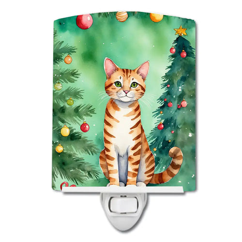 Safari Cat By the Christmas Tree Ceramic Night Light