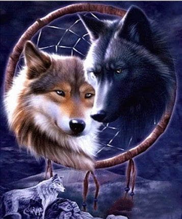 Wolf dream catcher diamond painting: two wolves in a round hoop with dreamcatcher feathers