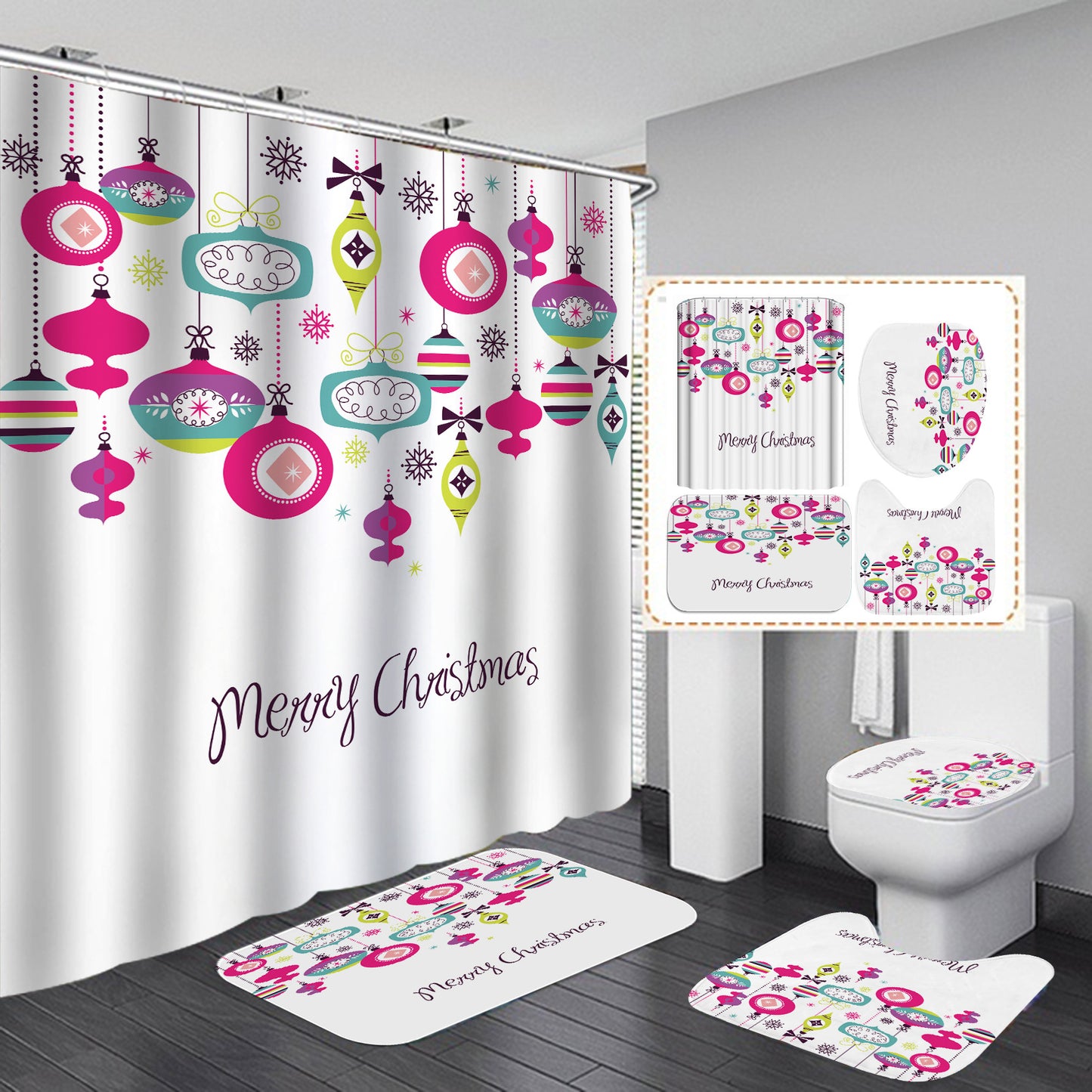 Christmas shower curtain with white background and colorful hanging ornament shapes
