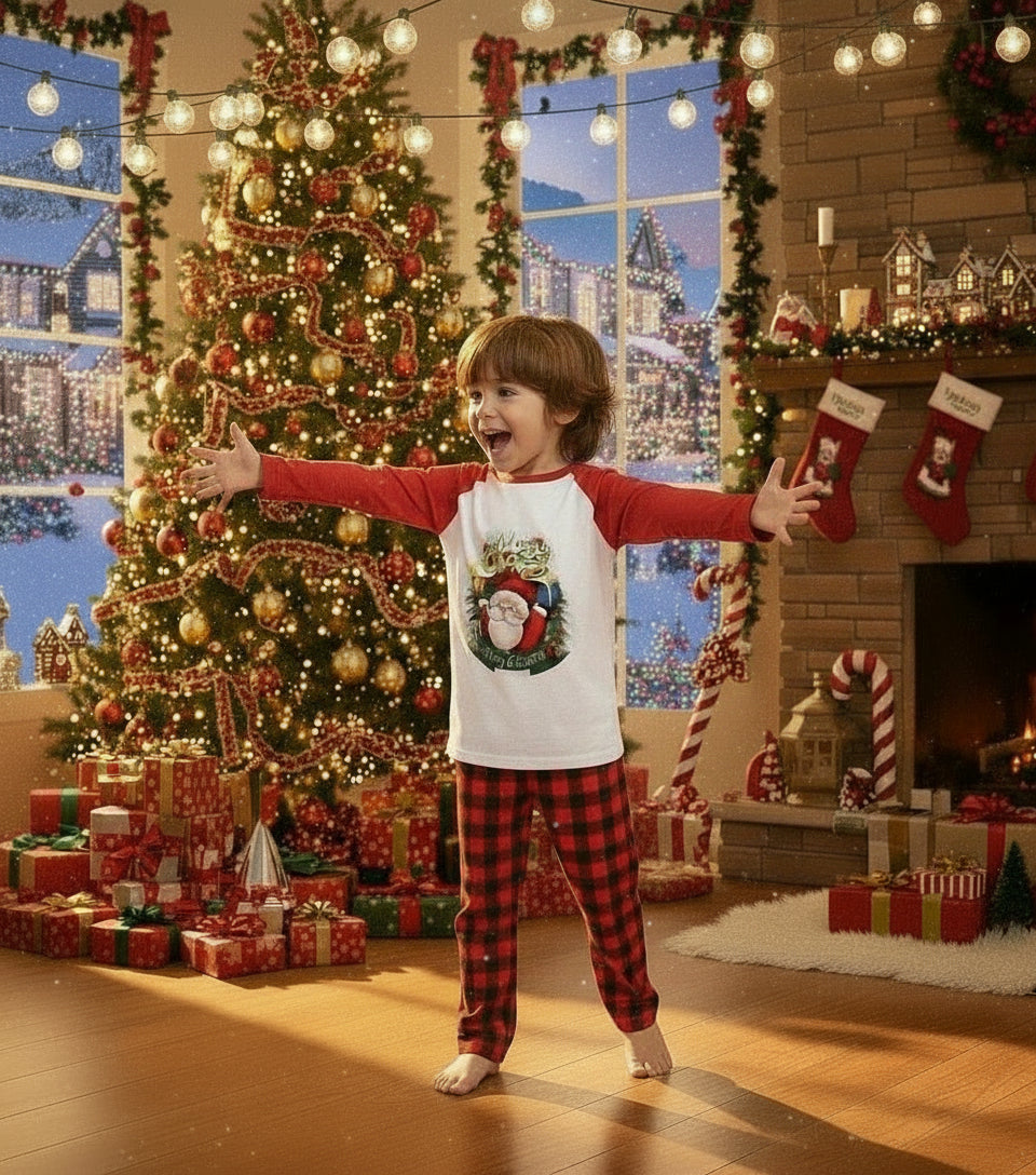 Child matching pajama set: white long-sleeve tee with Santa graphic, red plaid pajama pants.