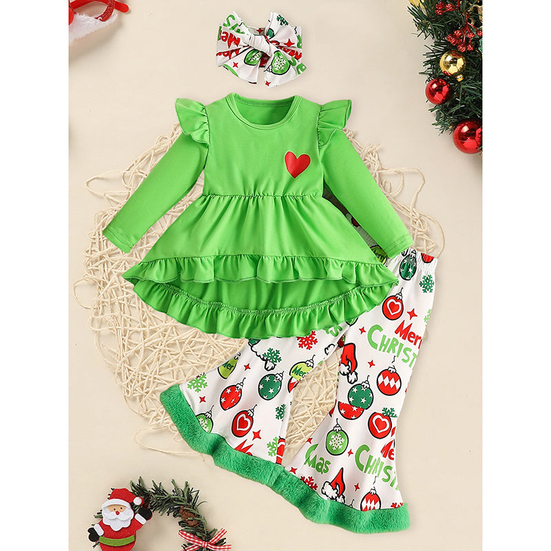 Toddler Baby Girls Christmas Clothes Ruffle Long Sleeve Heart Print Tops Dress Ball Print Flared Pants With Headband Outfits Set