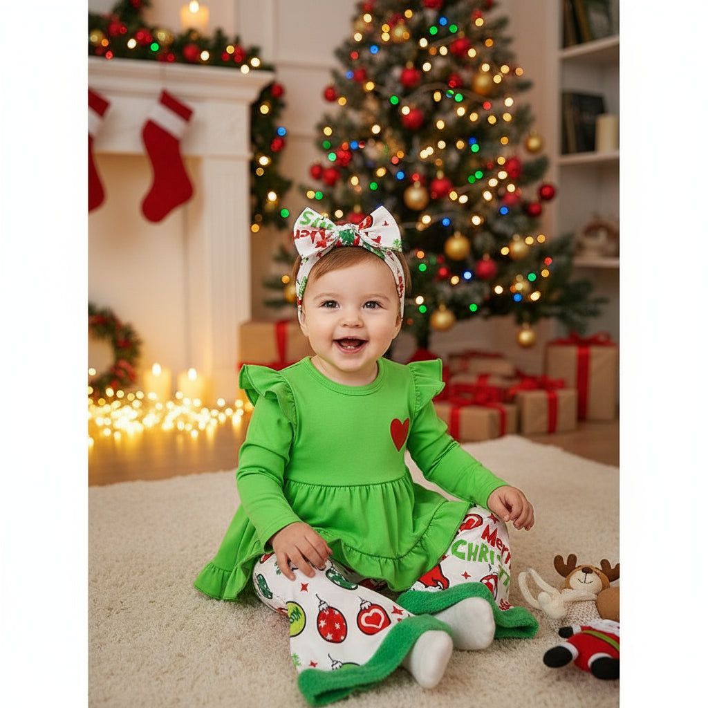 Toddler Baby Girls Christmas Clothes Ruffle Long Sleeve Heart Print Tops Dress Ball Print Flared Pants With Headband Outfits Set