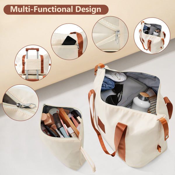 White travel duffel bag with zipper compartments and internal storage organizers