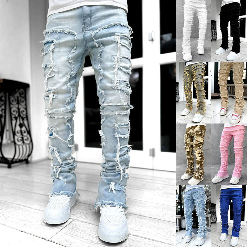 Trousers Individual Patched Pants Long Tight Fit Stacked Jeans For Men