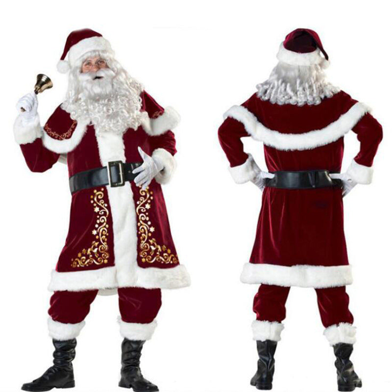 Santa costume set showing front and back: red outfit with white fur trim and belt
