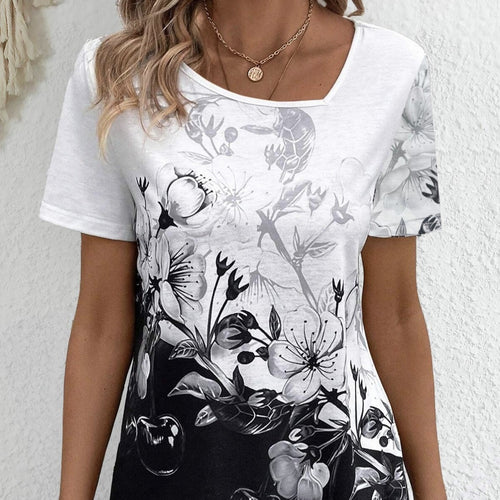 Ladies' Flower Print Asymmetrical Sloping Shoulder Collar Casual T-shirt Top