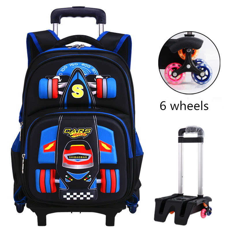 Blue trolley school bag with car-themed front and 6-wheel base