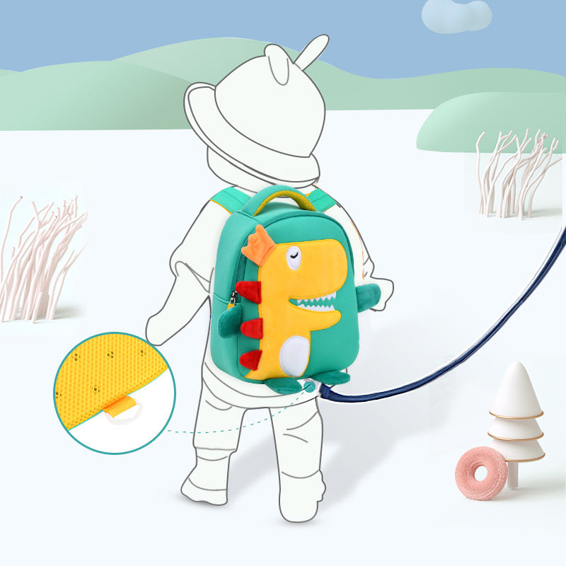 Teal mini children's backpack with dinosaur applique, front zipper pocket and straps.