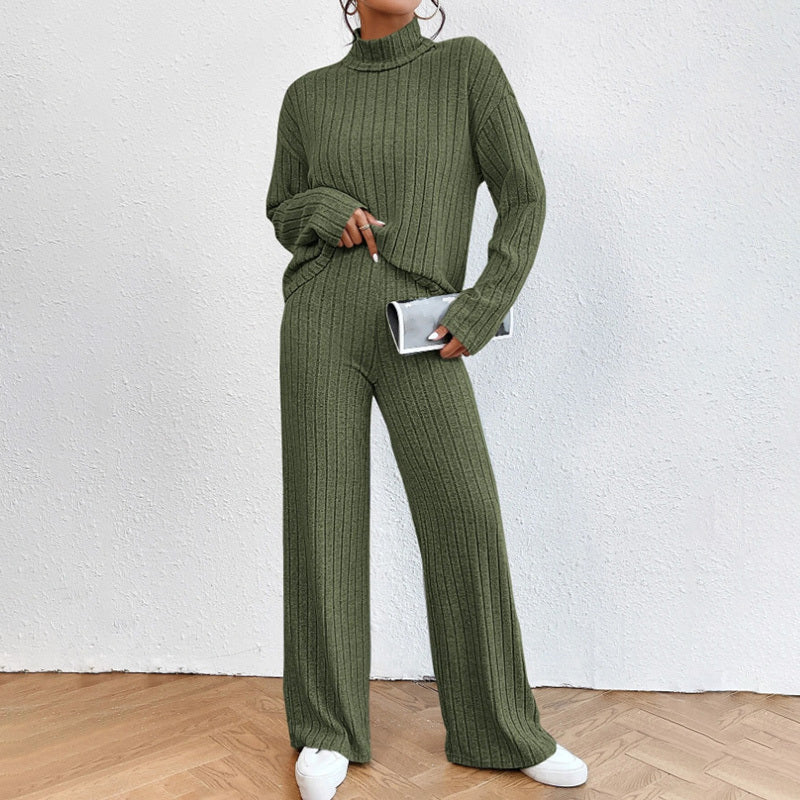Women's Solid Color 2-Piece Set High Neck Long Sleeve Top & Pants, Striped Loungewear